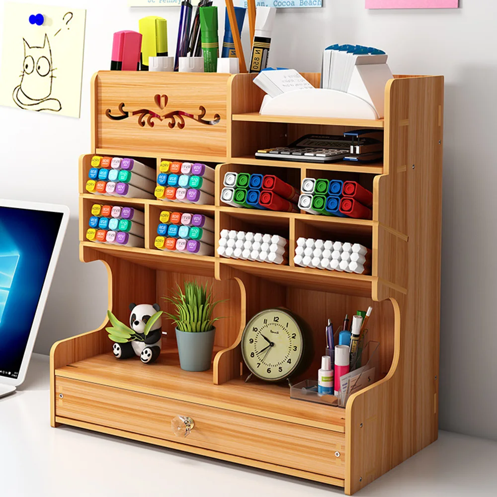 Lychee Life Oblique Insertion Pen Holder Desktop Stationery Storage Box File Storage Stand Case Wooden MultiGrid Pencil Organize