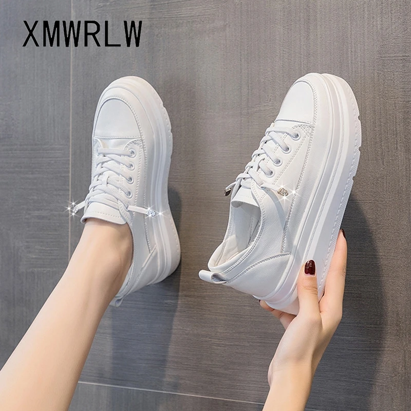 

XMWRLW Women's Chunky Shoes 2023 Spring Autumn Genuine Leather Casual Lace up Female Sneakers Women Autumn White Sneakers Shoes