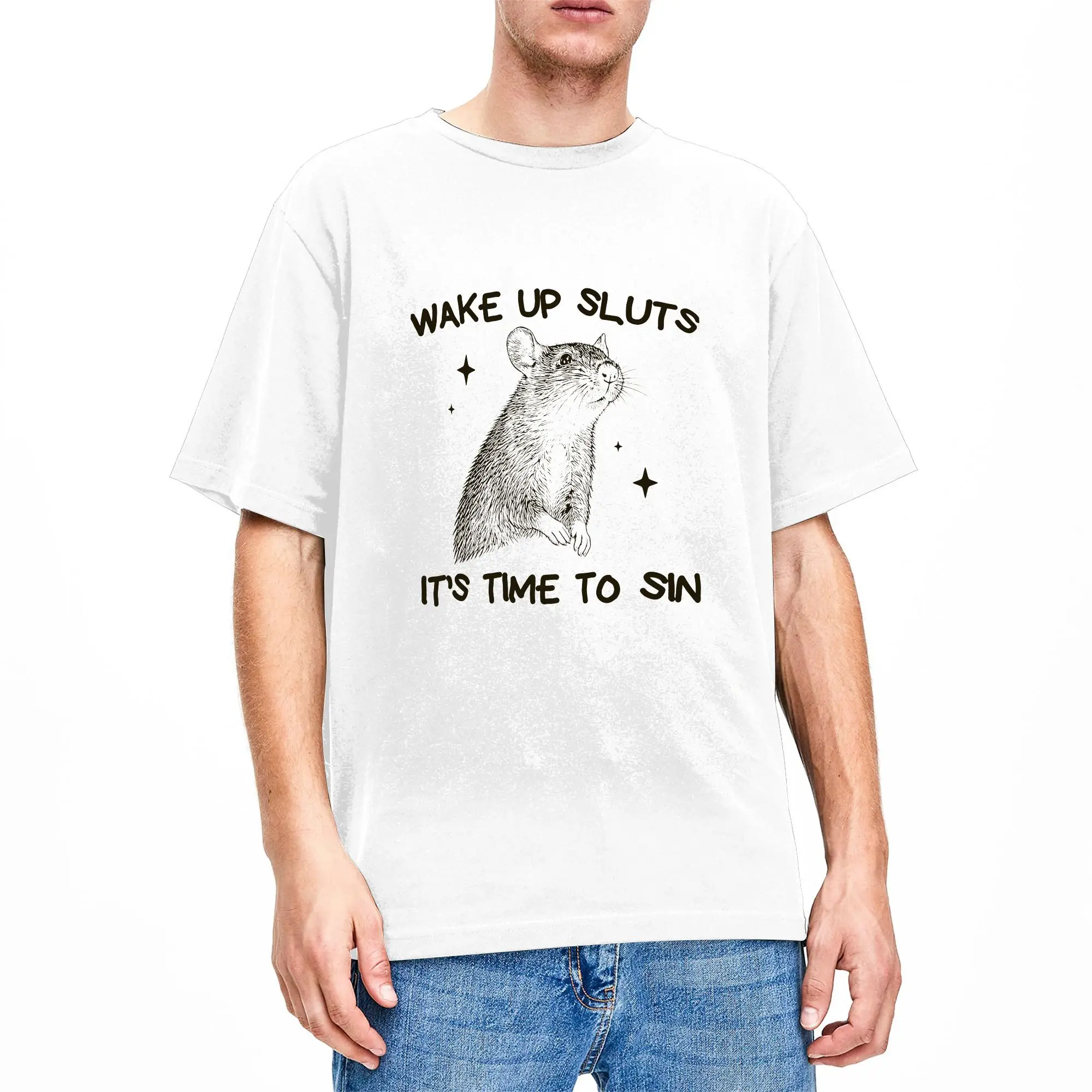Wake up it's time to sin funny rat meme T-Shirt Mens  Y2K Casual T-Shirts Summer O Neck Trending Tee Shirt Cheap Plus Size Tops