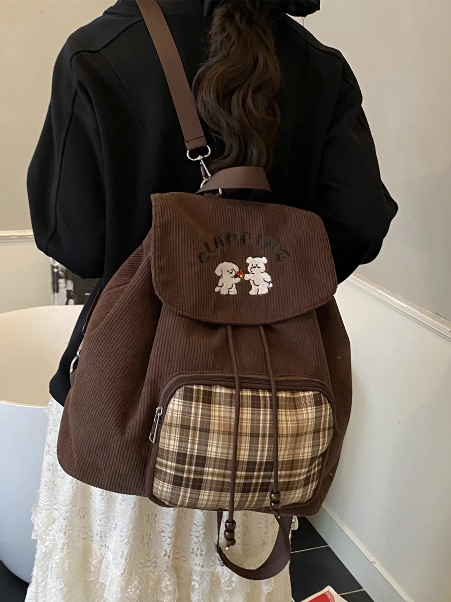 

Cute Cartoon Corduroy Buet Bag Dstring Autumn Winter Plaid Bapa Lightweight Waterproof for Girls