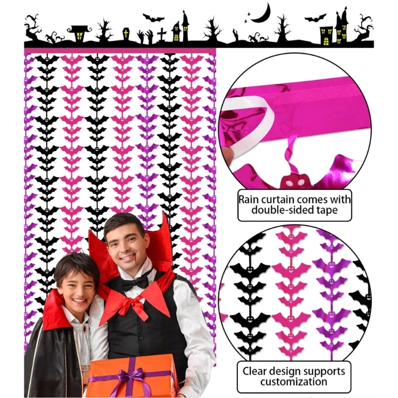 Halloween Bat Tassels Door Curtain, Colorful PET Streamers for Festival Home Decoration