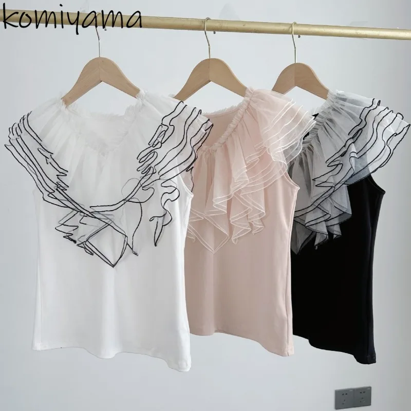 

Japan Sweet Contrast Knit Clothes V-neck Ruffles Spliced Woman Clothing Summer New Sleeveless Ropa Mujer Mesh Sweater Tops