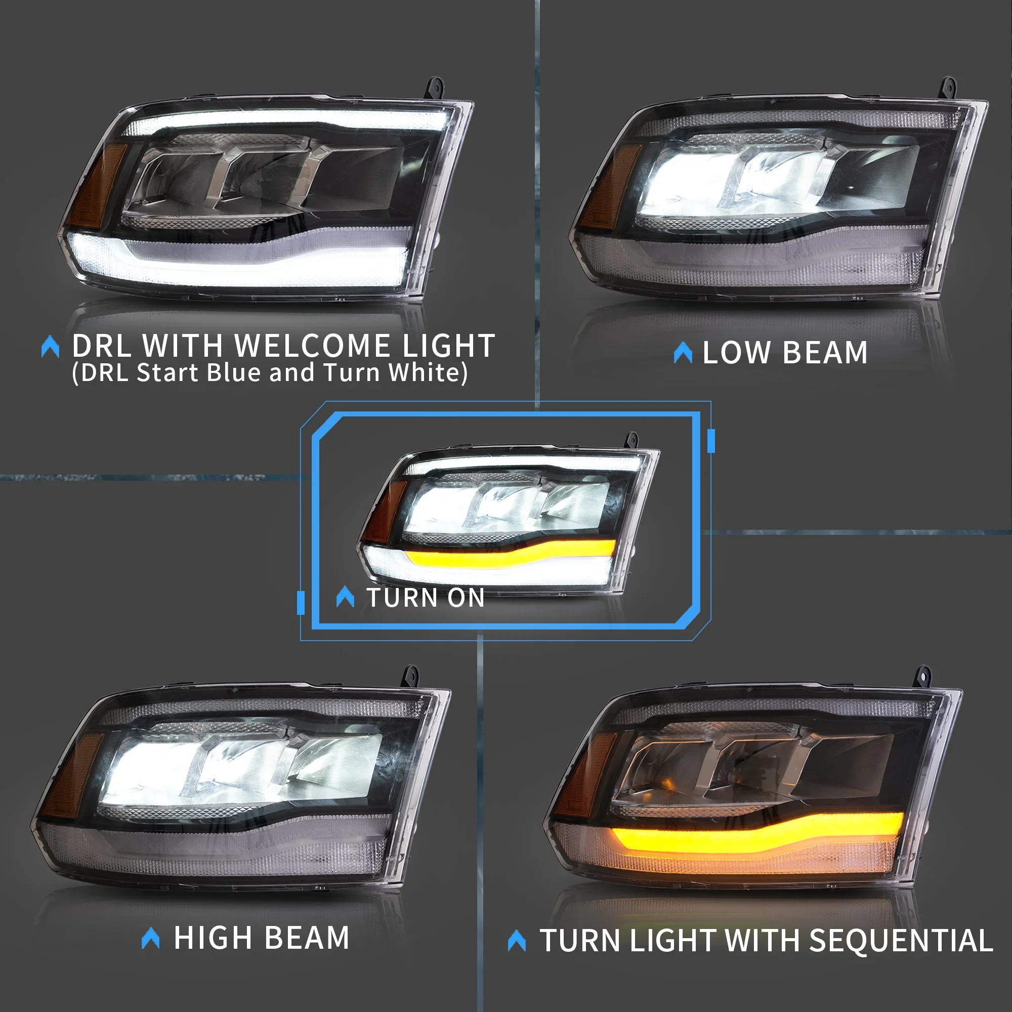 VLAND Full LED Headlights For  Ram 1500 2500 3500 2009-2010 / RAM 2011-2018 / RAM 1500 Classic 2019-2021 4th Gen (DS/DJ/D2)