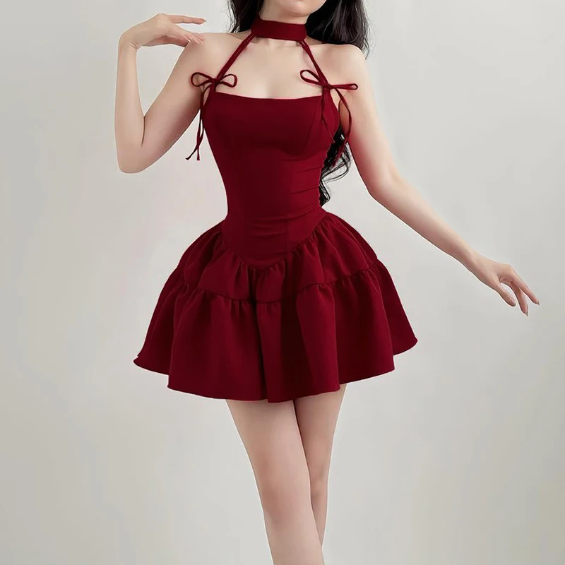 IAMHOTTY Christmas Party A-line Sleeveless Dress Red Black Kawaii Bow Halter Ball Gown Princess Dresses Kawaii Lolita Korean