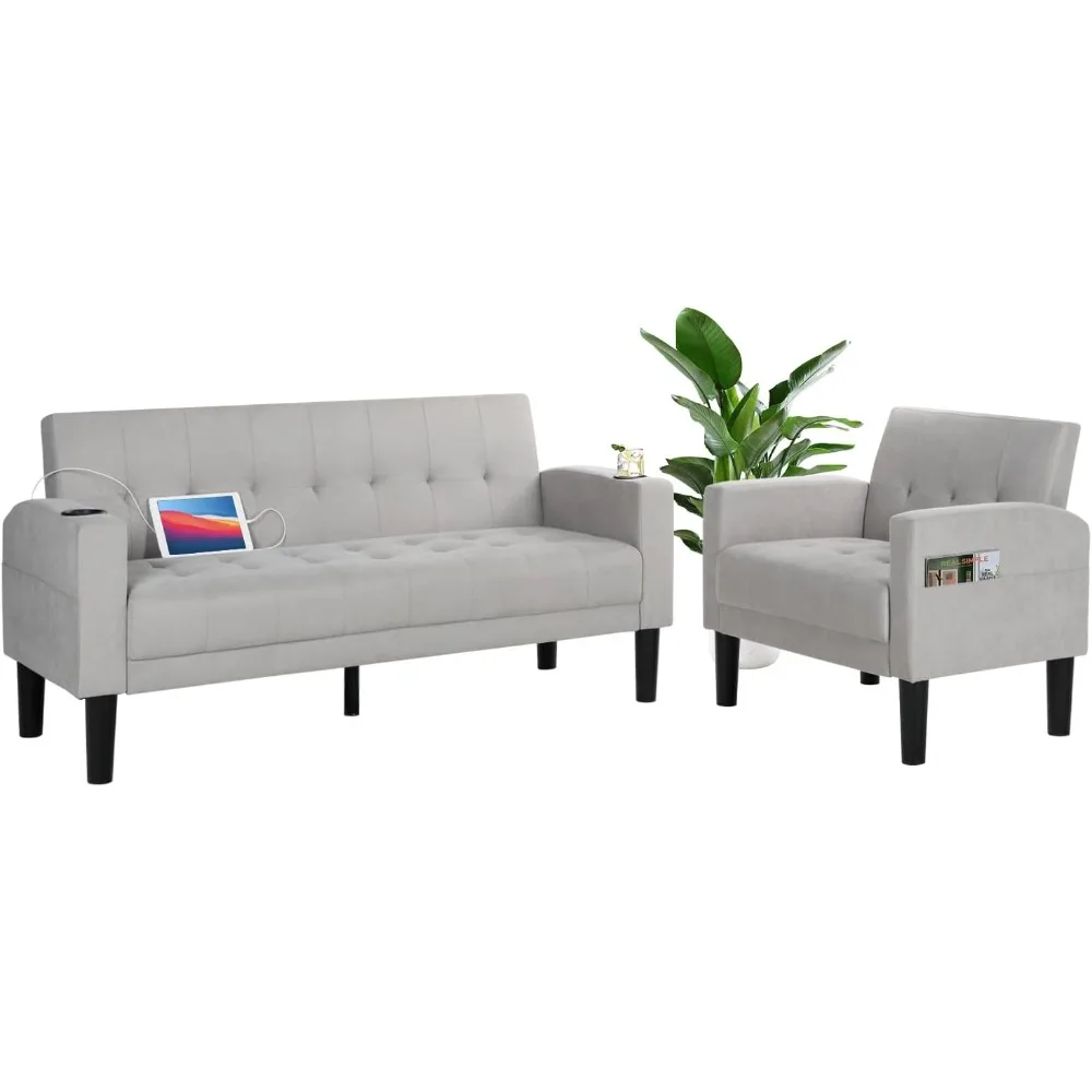 2 Piece Living Room Sofa Set Loveseat Sofas Sets with 2 USB, Cup Holders, Side Pocket, Modern Fabric 2 Pcs Sectional Couches Set