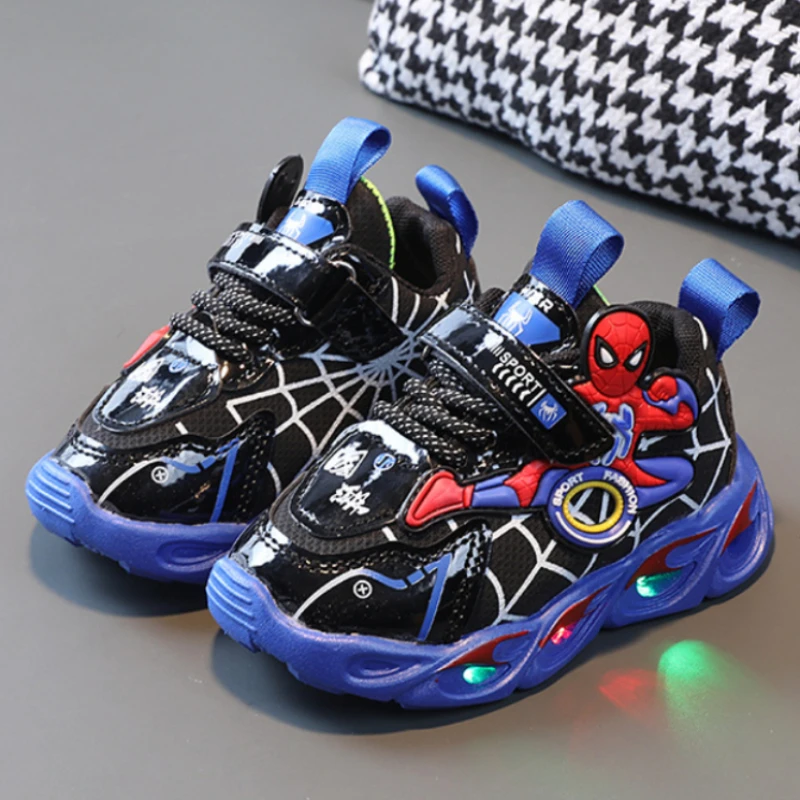 Disney Children's Sneakers Boys Cartoon Spiderman Led Light Sport Shoes Student Shoes Hook Anti-slip Kids Outdoor Shoes