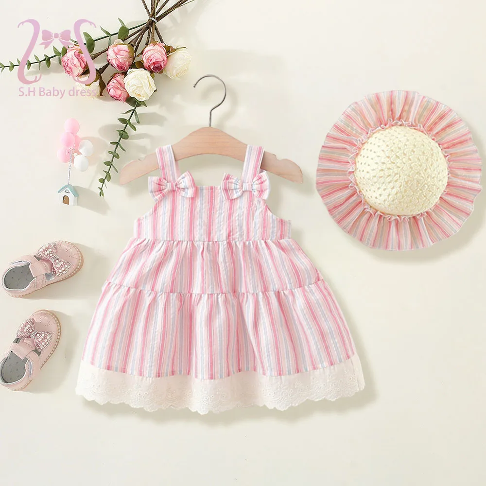 

2Pcs/Set Summer Children Clothing Sleeveless Soft Baby Girl Dress Sweet Bow Toddler Costume Pink Blue Striped Kids Dresses + Hat