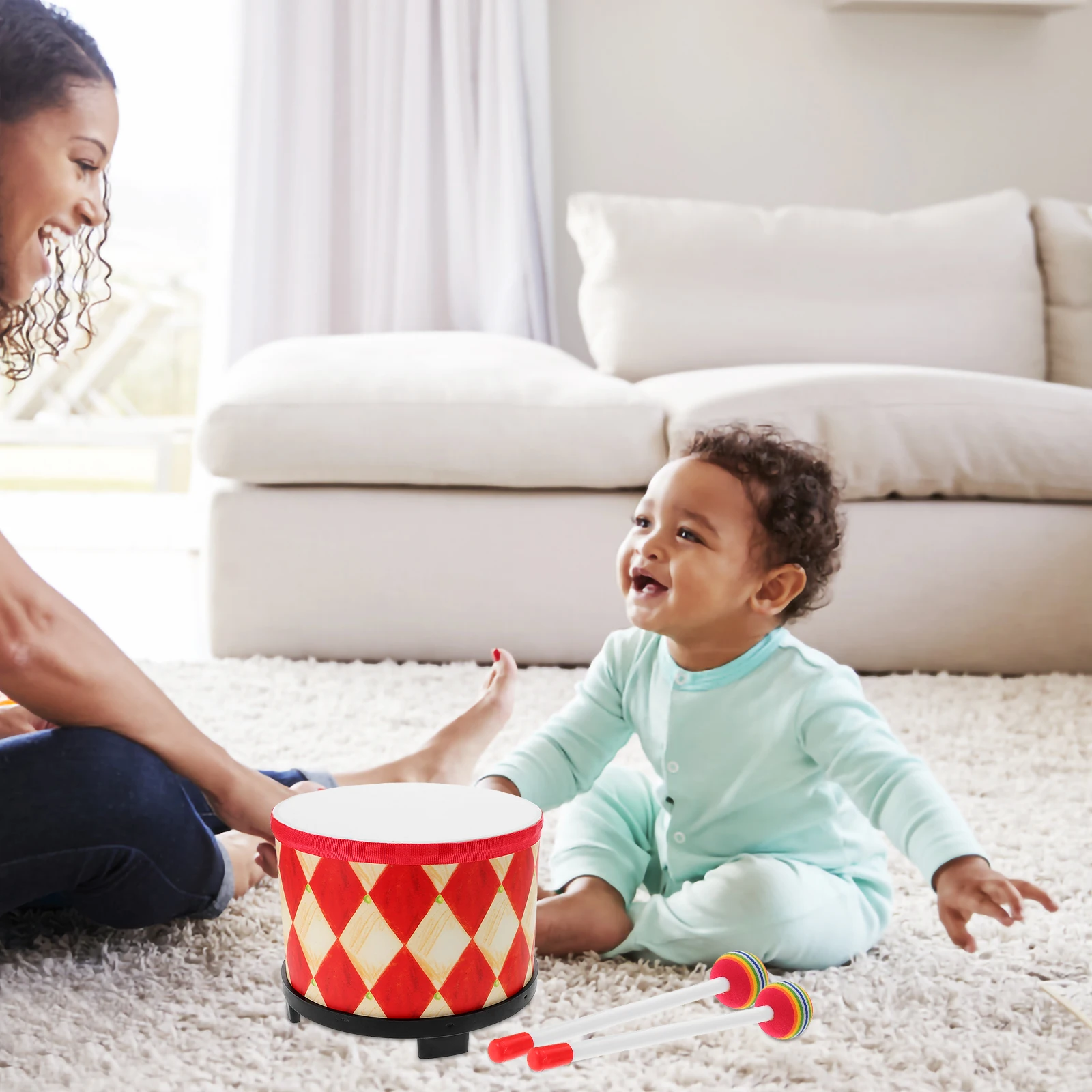 

Childfriendly Wooden Hand Drum Red Checkered Design Safe Materials Ideal Toddlers Educational Musical Instrument Fun Engaging