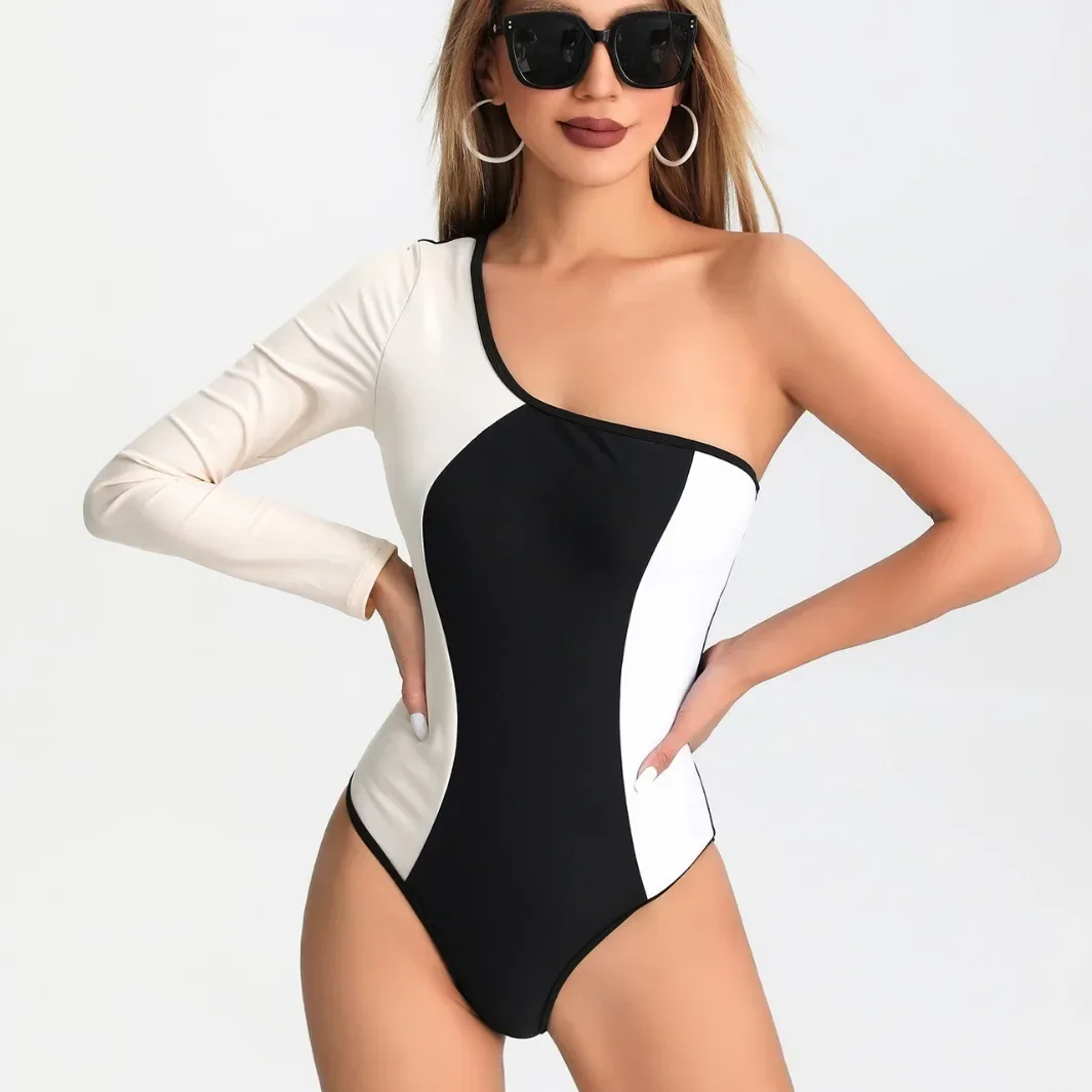 2025 One Piece Swimsuit Women New Solid One Shoulder Long Sleeve Bodysuit Swimwear Summer Monokini Beachwear Bathing Suit Female