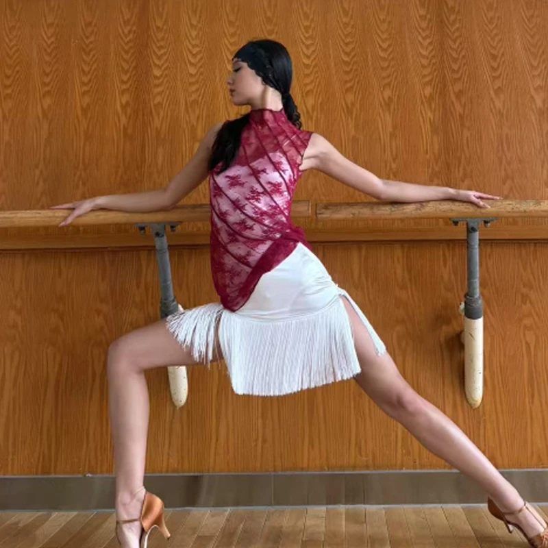 Volwassenen Latin Dance Training Suits Sexy Mesh Top Kwasten Rokken Vrouwen Chacha Rumb Latin Dans Kostuums Stadium Kleding SL13322