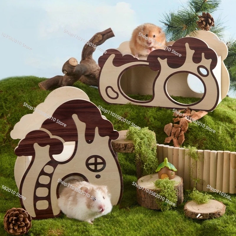 Wooden Large Diameter Hamster Tunnel, Golden Hamsters Hideout Tube with Burrow Access, Small Animal Habitat for Bedding