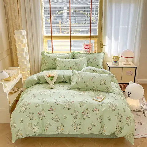 Chic Fresh Floral Duvet Cover Queen Soft 100% Cotton Floral Green Bedding Set with 2 Pillowcase Garden Botanical Comforter Cover