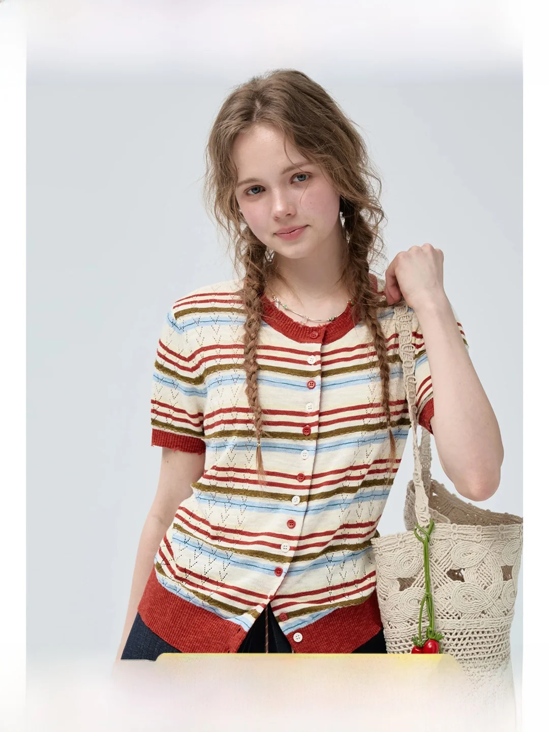 

plus Size Women's Striped Knitwear Short Sleeve Thin Summer T-Shirt Shoulder Width Appropriate Cardigan for Slightly Plump MM