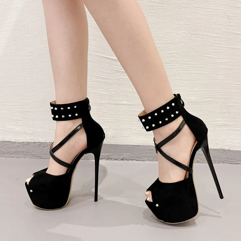 Liyke Fashion Design Metal Rivet Ankle Zip Cover Strap Women Platform Pumps Sexy Peep Toe Stripper High Heels Pole Dance Shoes