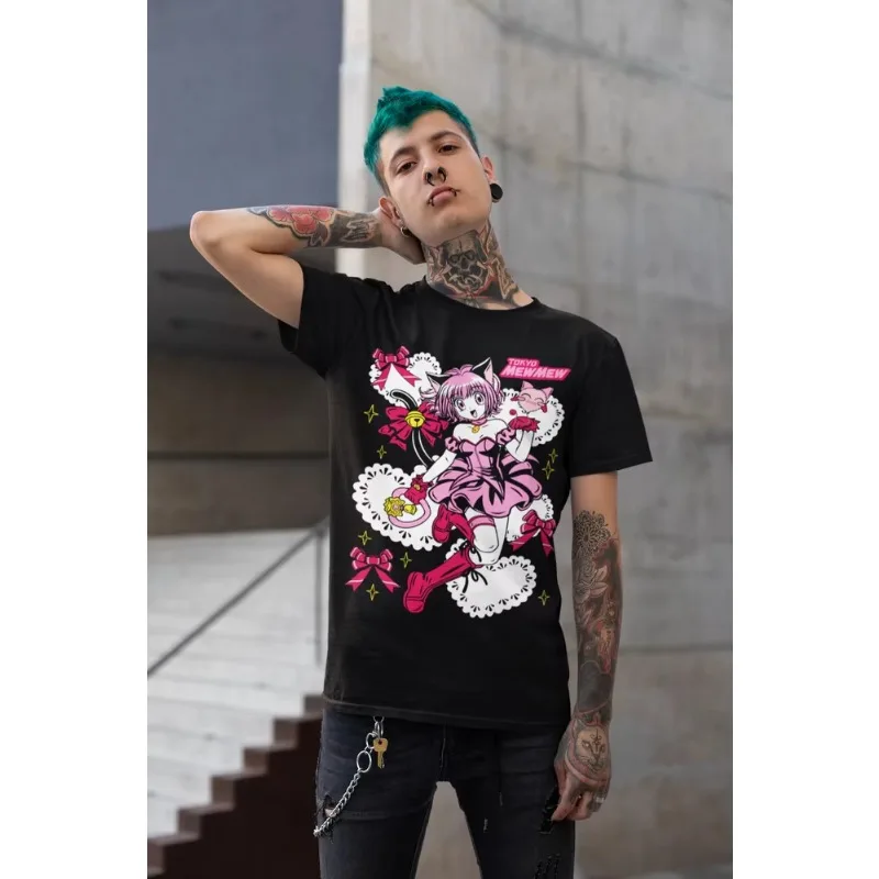 الاتجاه الصيف تأثيري محايد أبيض وأسود طوكيو ميو السحرية فتاة Harajuku أنيمي قميص جميع الأحجام Ichigo Momomiya تي شيرت