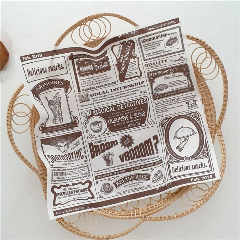 A59E-200Pcs English Newspaper Greaseproof Paper Snack Paper Oil-Absorbent Paper French Fries Sandwich Wrapping Paper,White 22 X