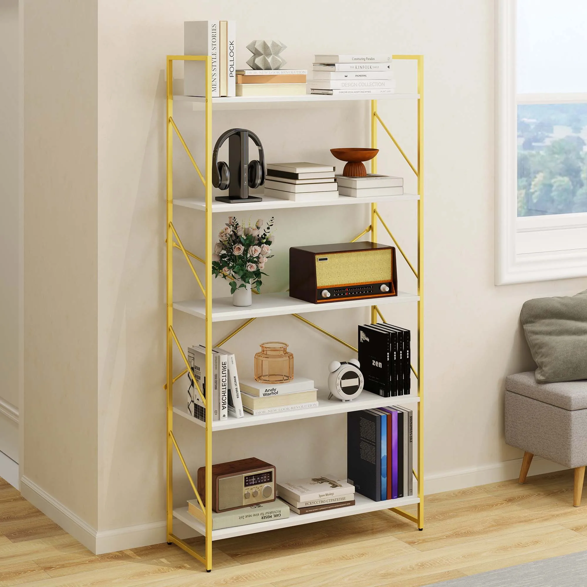 5 Tier Bookshelf Modern Gold Bookcase Storage Rack Shelves Book Rack Home Office