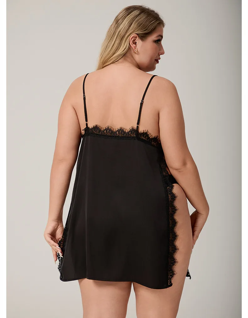 Sexy Black Perspective Lace Trim Patchwork Nightgown Temptation Mini Nightdress Ice Silk Nighty HomeWear Sleepwear