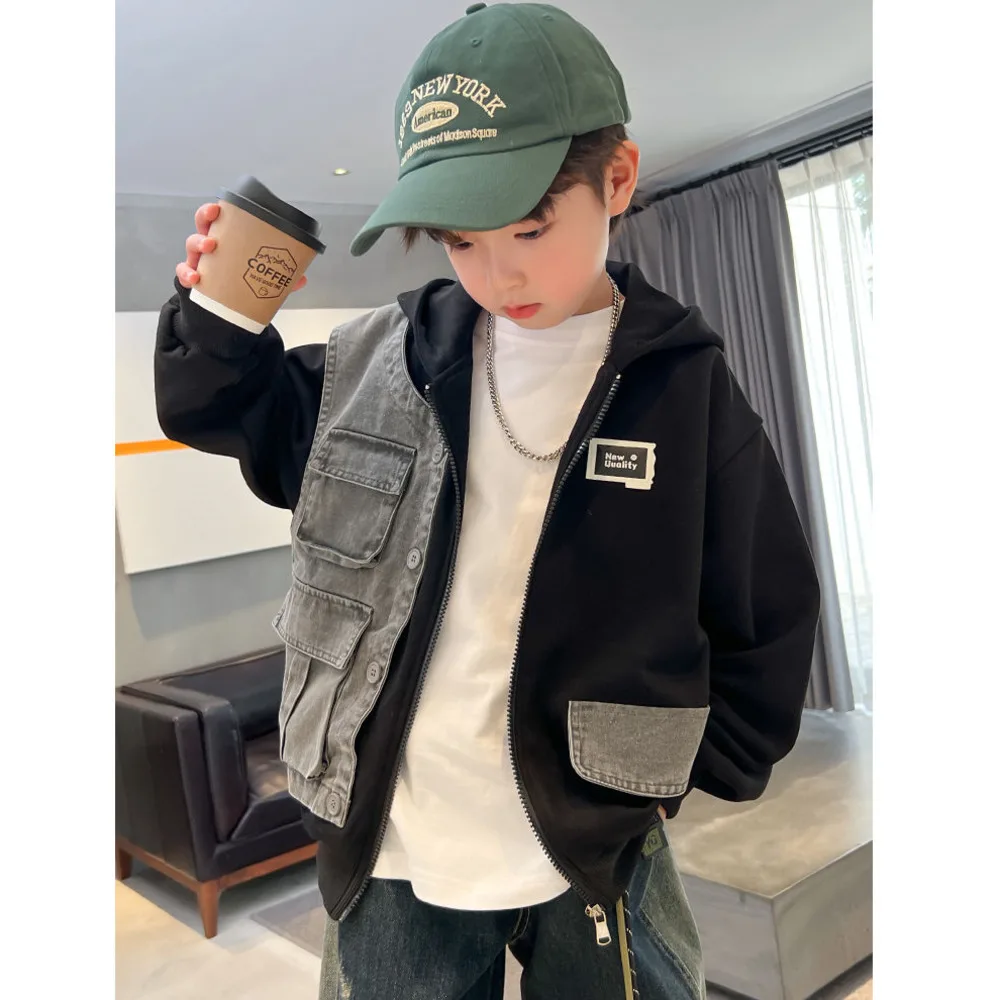 Boys' Hooded Jacket Spring And Autumn Coat 2024 New Children's Splicing Denim Cloth Contrasting Colors Children's Sportswear