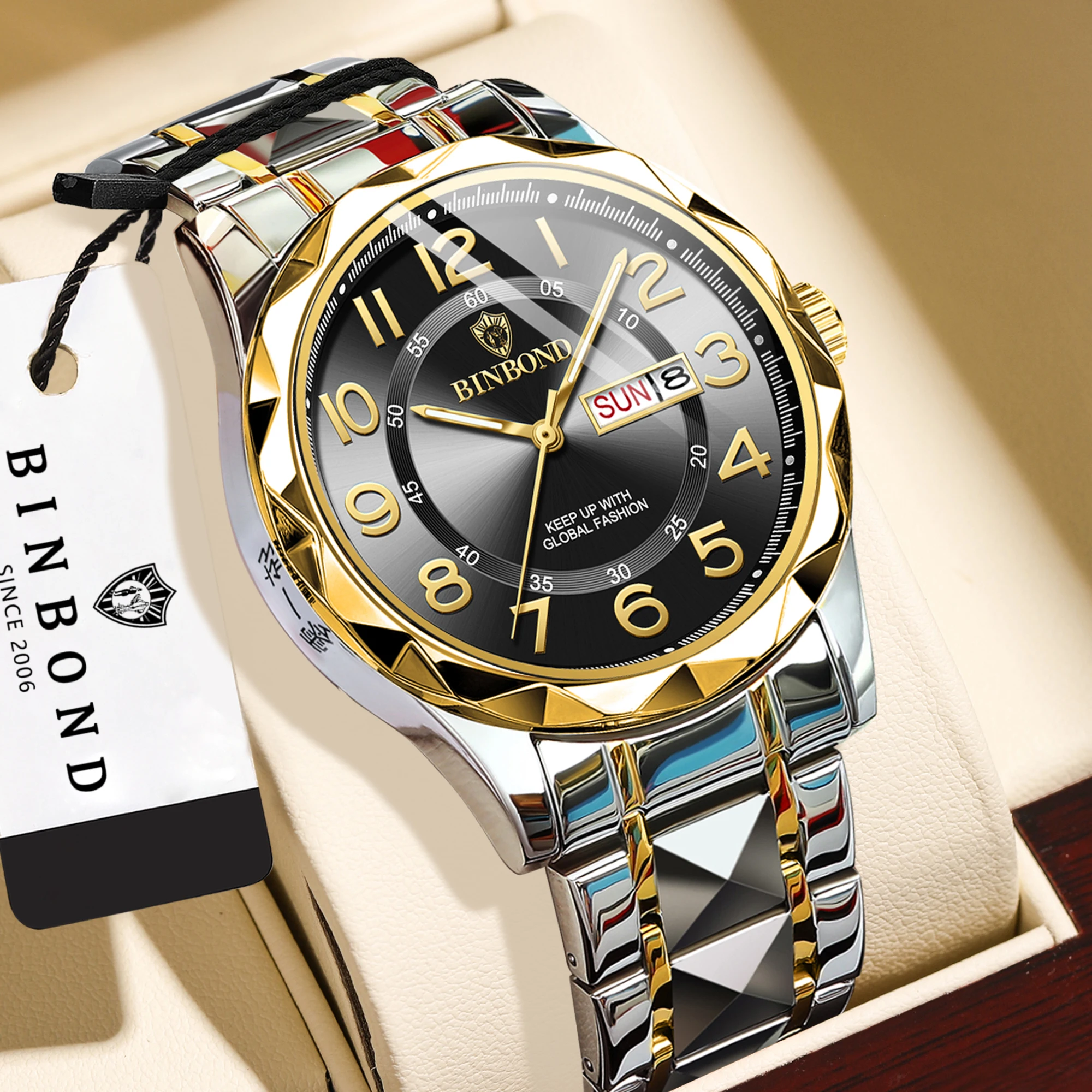 BINBOND Luminous Waterproof Quartz Watches For Men Luxury Precise Auto Date Week Display Men's Watch Casual Sturdy Reloj