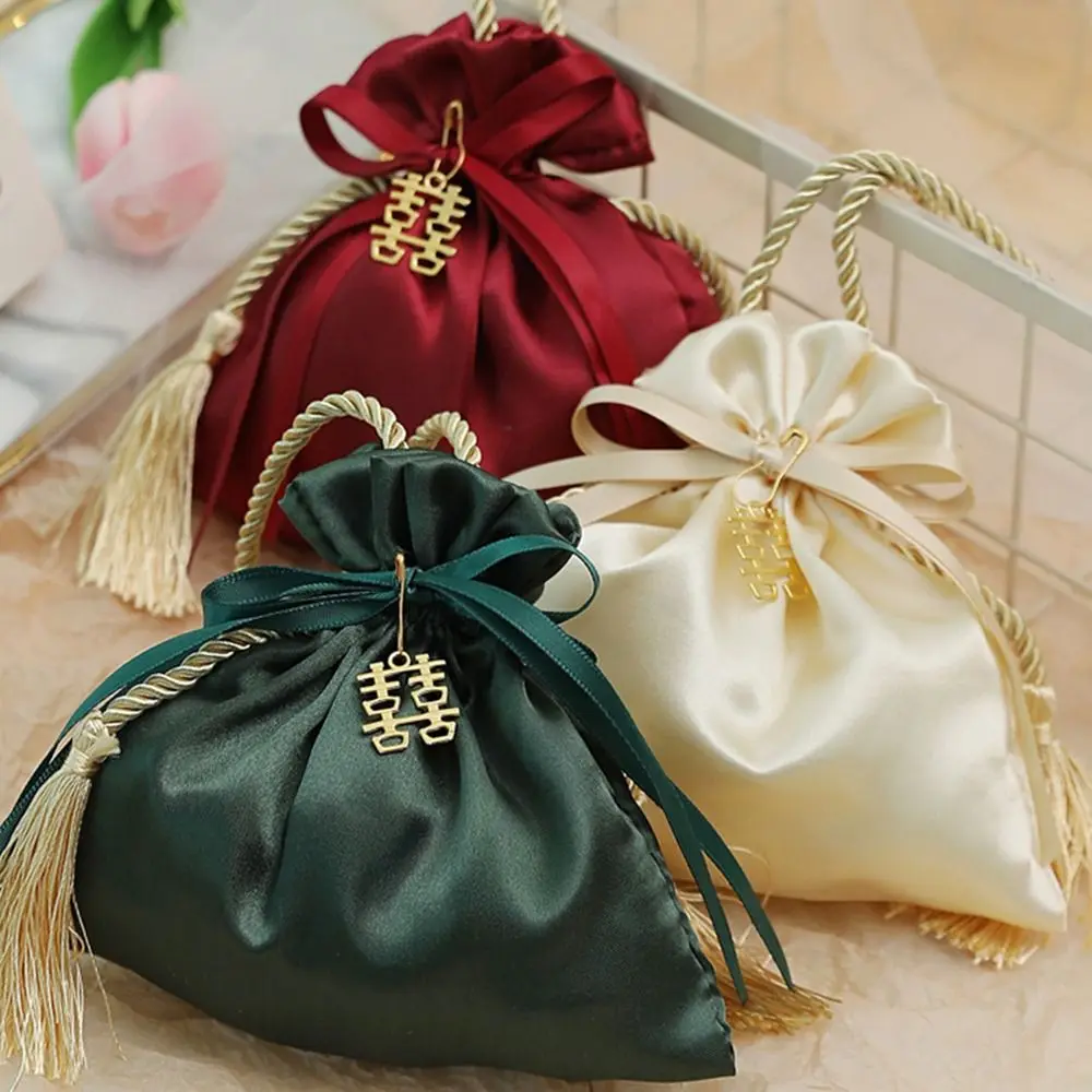 Chinese Style Drawstring Bag High Quality Satin Fabric Wedding Birthday Gift Packing Tassel Bag Jewelry Bag