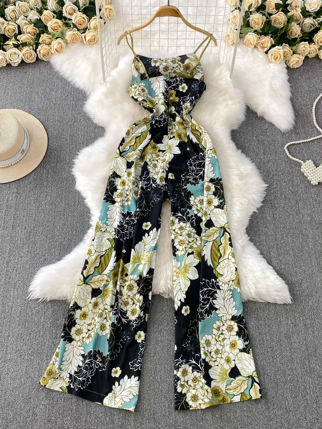 

Ele Floral Print Wrap Belt Long Pants Women's One-Piece Summer New Sle Vaion Waist Slimming Wide Leg Jumpsuit