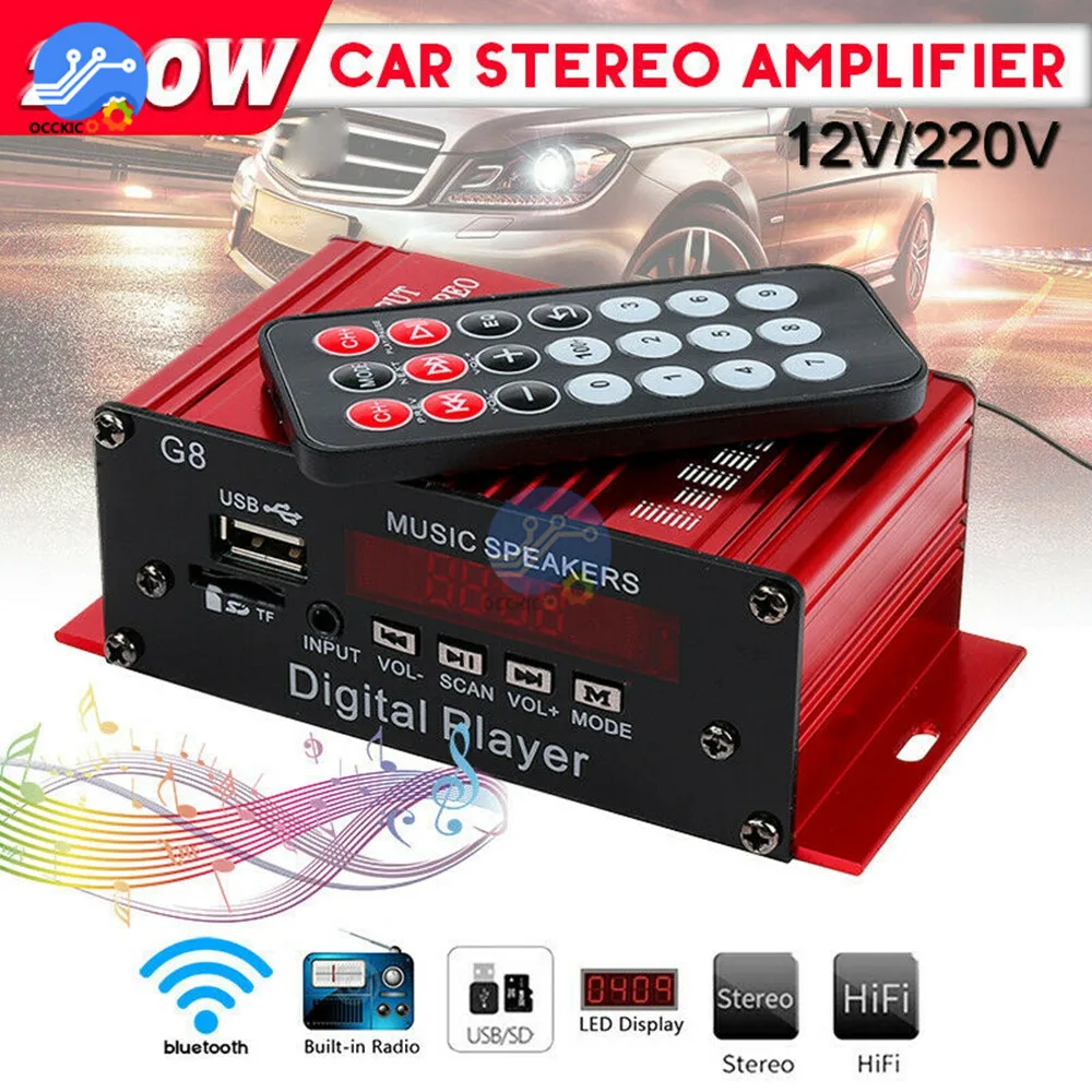 Bluetoothカーオーディオアンプ,200W 12V,家庭用ステレオ,FMラジオ,USB,LEDスクリーン,2ch,リモコン付き