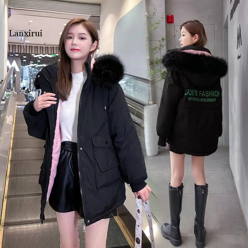 

Autumn Winter 2022 Women's Coat Mid-length Plus Velvet Warm Parkas Women Clothing Slim Cotton Jacket Ladies Fur Collar