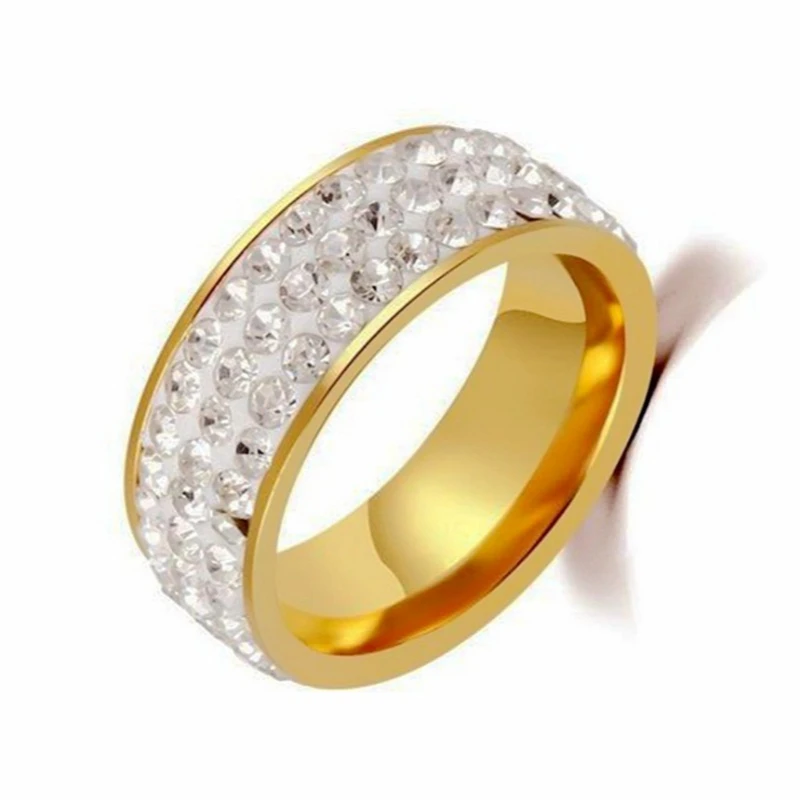 8mm Wide Five Rows Hip Hop Ring Full Rhinestone Shiny Rings Stainless Steel Gold Silver Color Ring for Women Men Jewelry