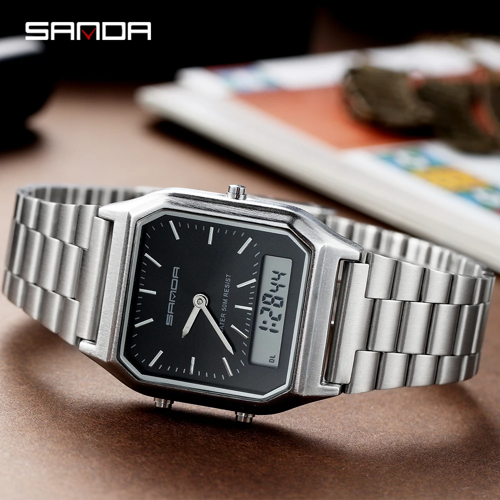 Fashion Sanda 747 Couple Quartz Digital Watch Waterproof Casual Wear-resistant Stainless Steel Square Led Digital  Dual Movement