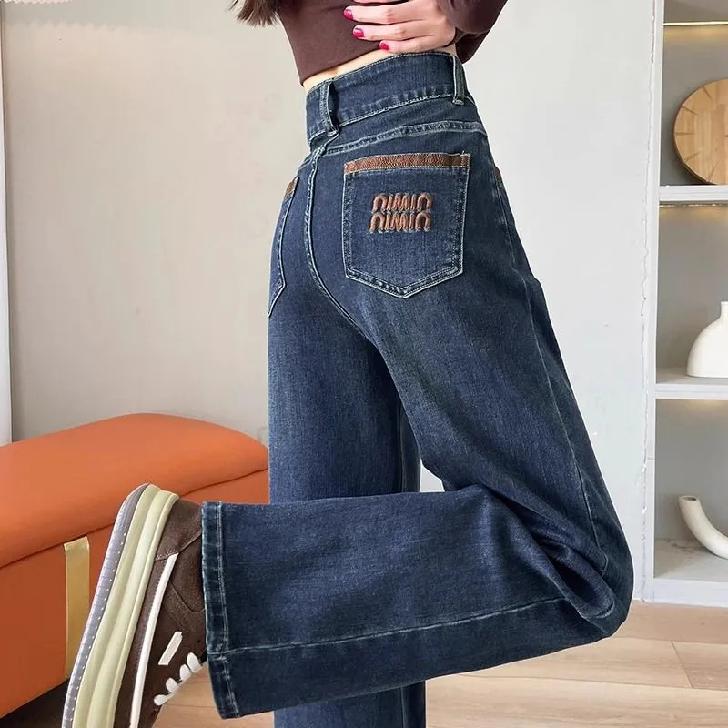 

Retro High Waist Slim Straight Jeans Women's Double Button Belly Covering Autumn Leg a Embroidered Drapey Wide Leg Pants