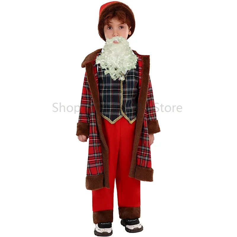

Children Christmas Vintage Santa Claus Cosplay Plaid Santa Outfits Boys Standing Santa Fancy Dress Economic