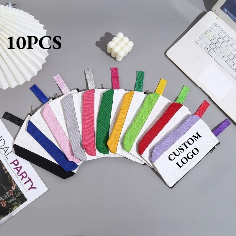 10pcs Custom Logo Colorful Canvas Pencil Bag Coin Organizer Zipper Color Blocking Cosmetic Bags Stationery Storage Bag Pouch