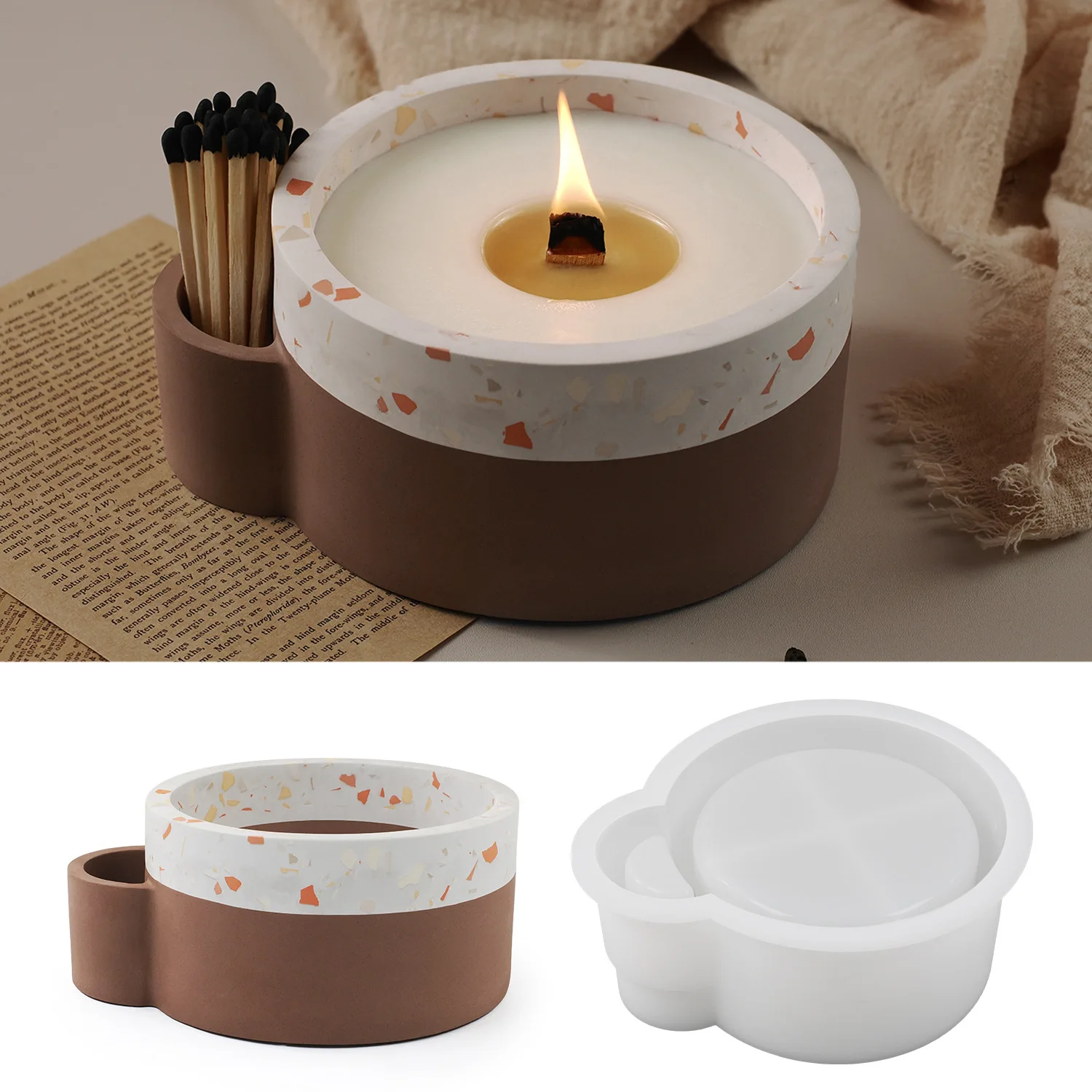 Candle container cup with match holes for storing large capacity gypsum candles silicone mold