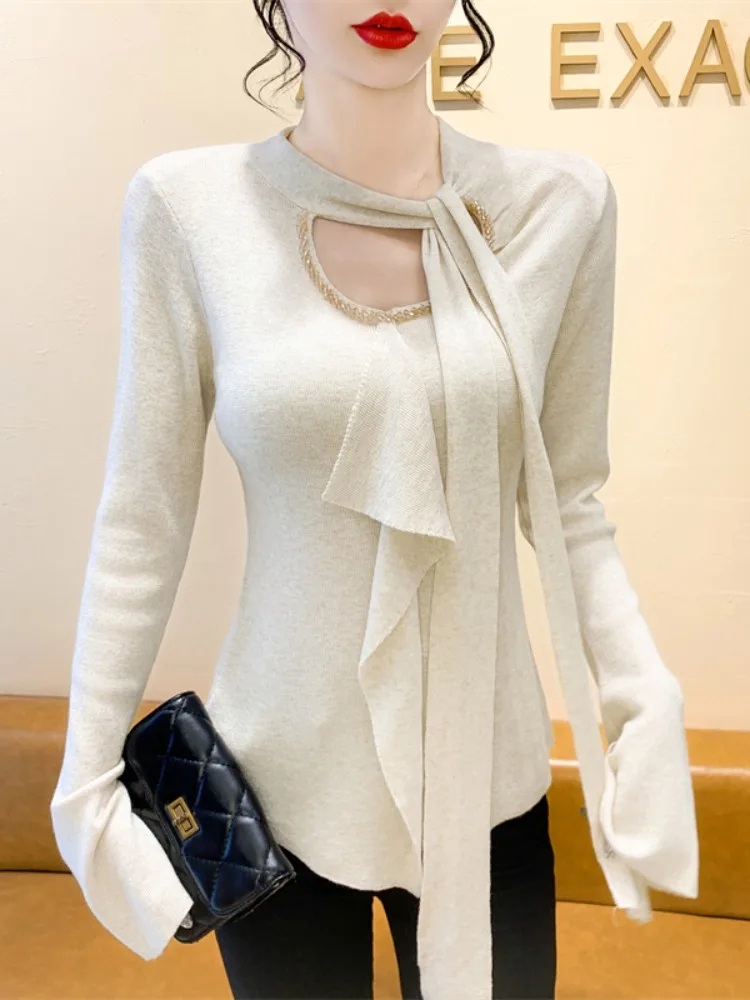 Ele redondo ne longo sve blusa de malha feminina moda primavera outono pérola grânulo embelezado blusa commute sle