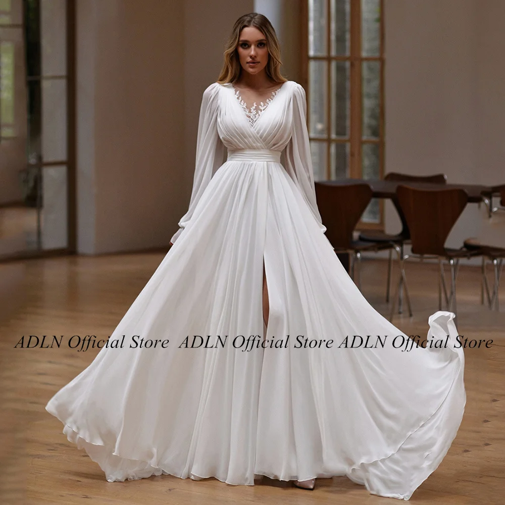 

Boho Wedding Dress Summer Bridal Gown Scoop Neck Long Sleeves Applique Pleat Belt Split Sweep Train Chiffon A Line Bride Dresses