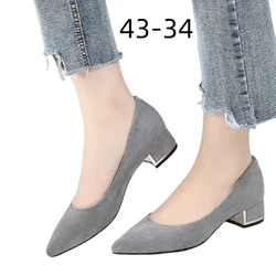 Women Square Heels Pumps Pointy Toe Null Slip-On Grey Low Cutter Shoes Kid Suede Elegant Comfortable 34-43 26cm Luxury Designer