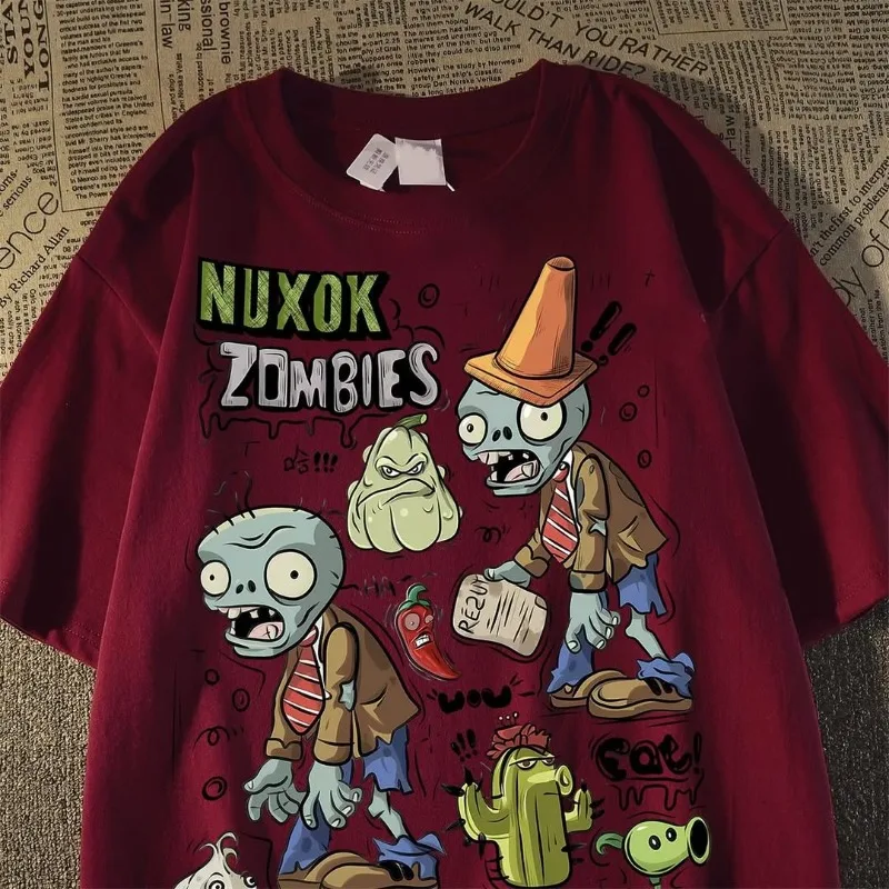 Y2K نباتات شارع العليا ضد الزومبي نمط الرسوم المتحركة المطبوعة زوجين جولة الرقبة قصيرة الأكمام الرجعية القوطية الشرير فضفاض تي شيرت