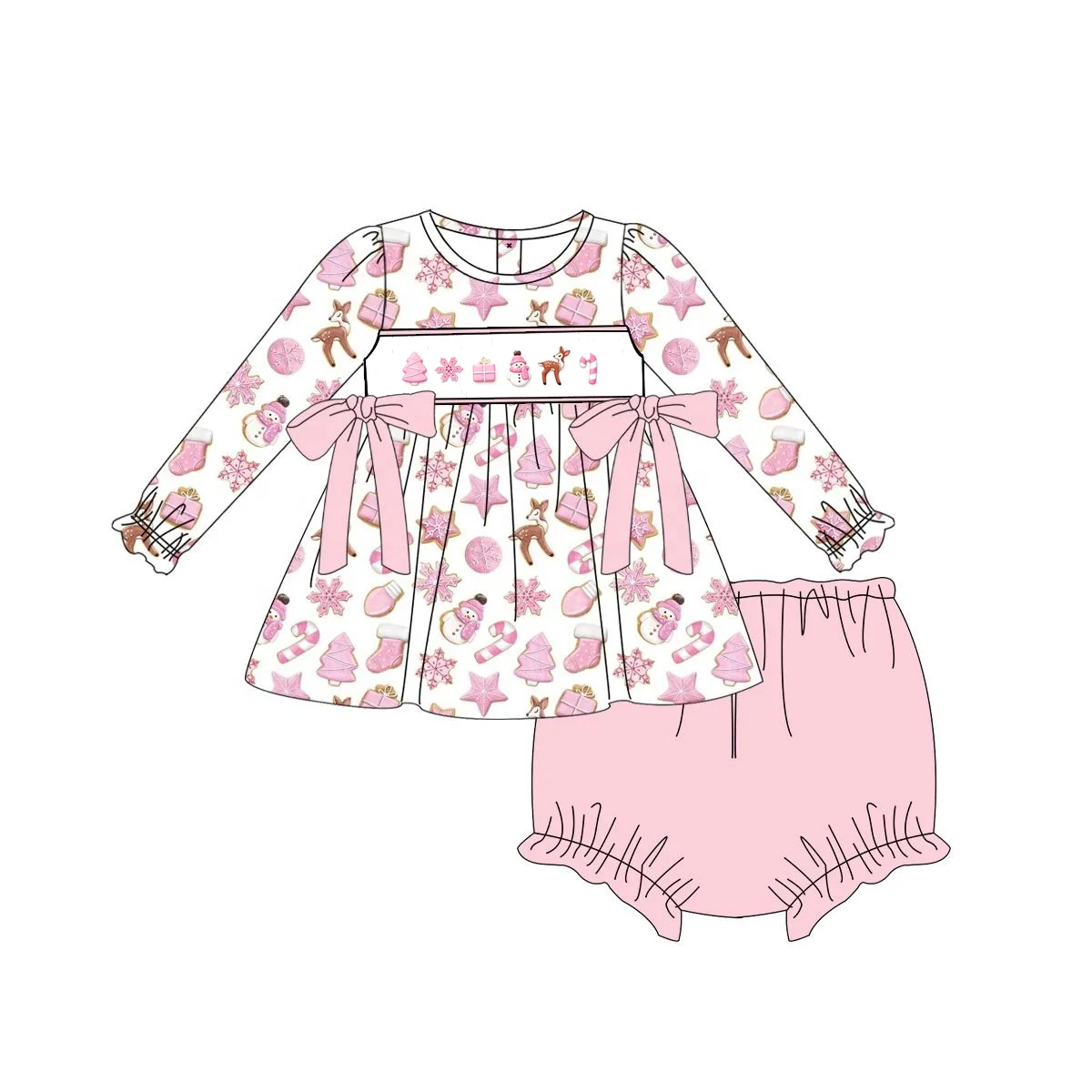 Wholesale Kids Christmas Clothes Pink Reindeer Snowflake Print Smocked Bow Ruffle Tunic Top Legging 2 Piece Girls Set