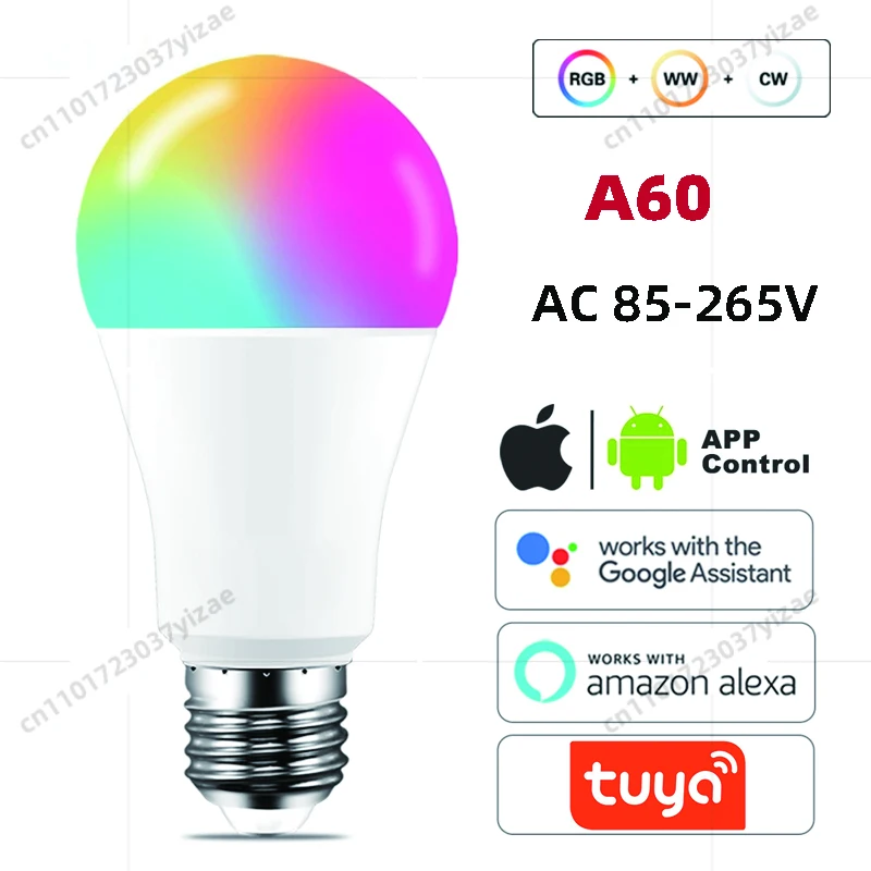 

Tuya WiFi A60 E27 Bulb, 85-265V Wide Voltage Smart LED Light, App/Alexa/Google Control, Colors, Music Sync, No Hub Needed