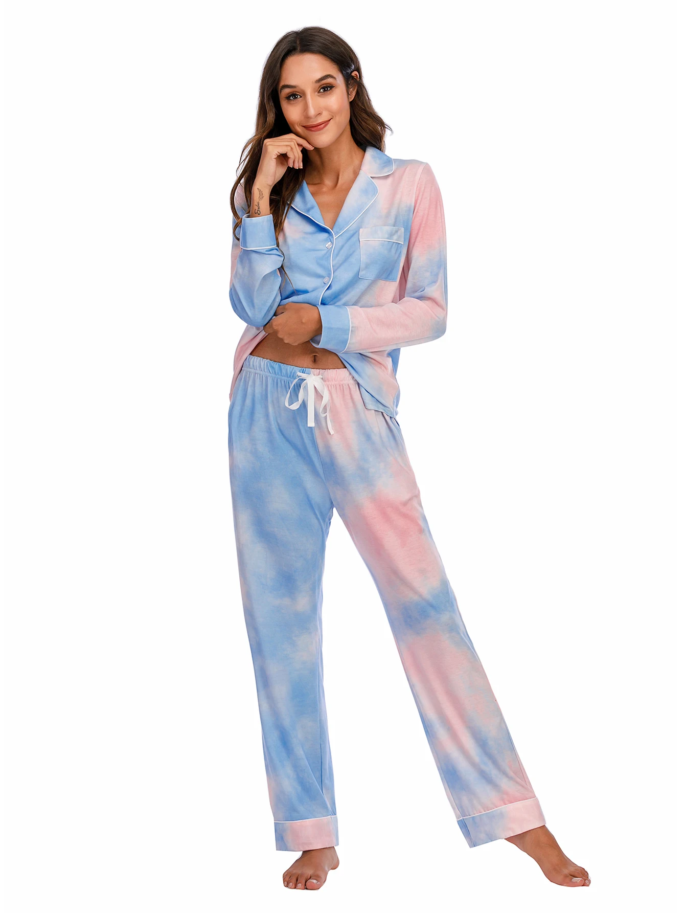 Aamikast Pajamas for Women Long Sleeve Sleepwear Ladies Loungewear Pjs Sets Stripes Tie-Dye Dots Patterns 2 piece Pajama