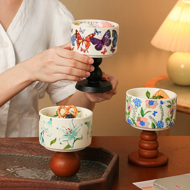 

2026 Vintage Ceramic Footed Cup French Style Dessert Cup Ice Cream Cup Ins Candle Holder Home Decor