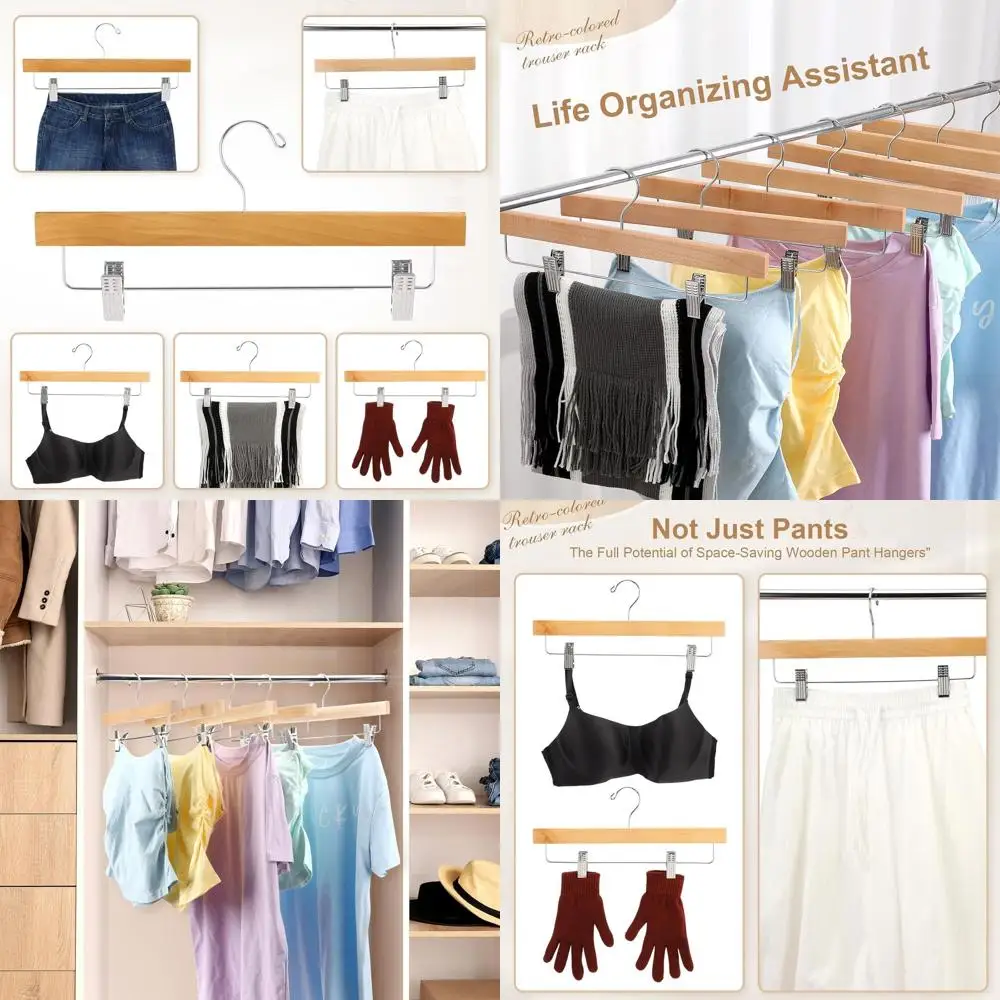 

Деревянные вешалки для брюк с зажимами — 30 шт., натуральные 14 дюймов, регулируемые зажимы, поворотный крючок на 360 градусов для юбок, костюмов, пальто, футболок
