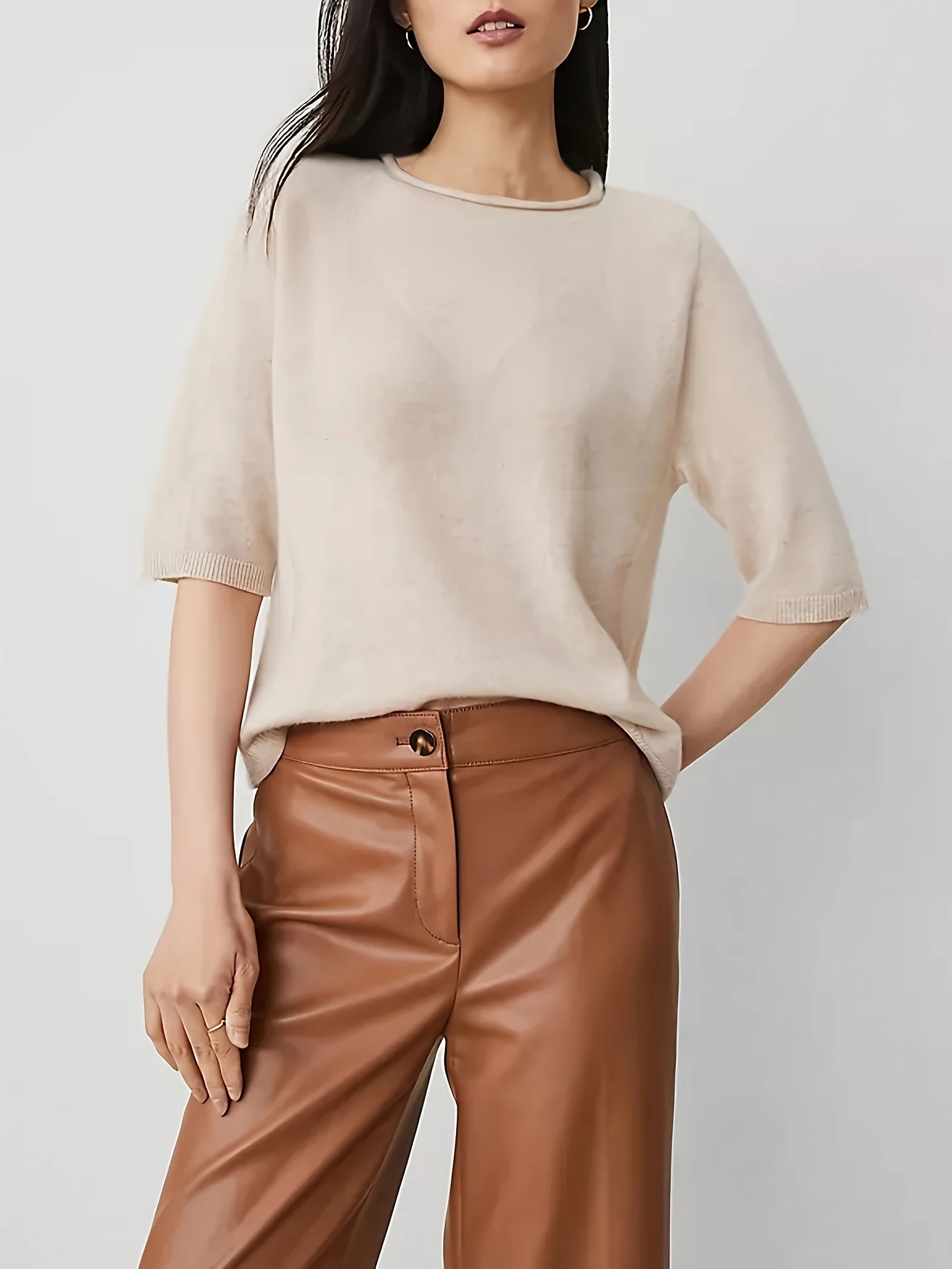 

Women's New Fashion Casual Versatile Round Neck Half-Sleeved Women's Knitted Woolen Pullover