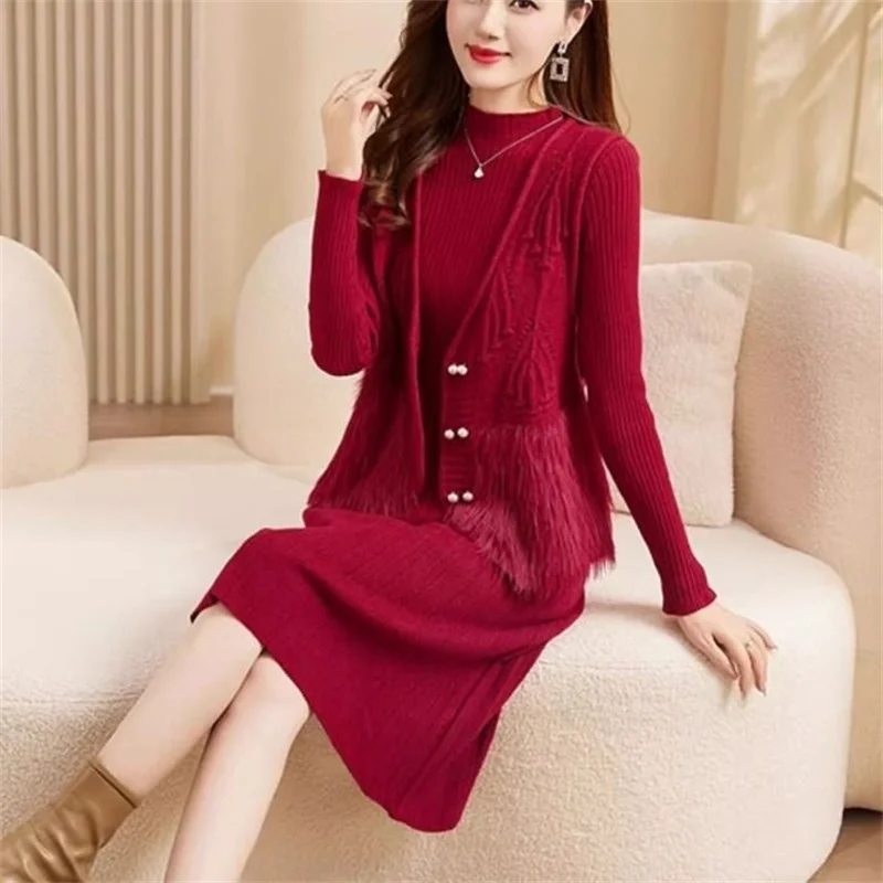 High End Temperament Woolen Sweater Set, Women\'s Autumn Winter Knitted Dress Medium Length Two-piece Vest With Bottom Wool Dress