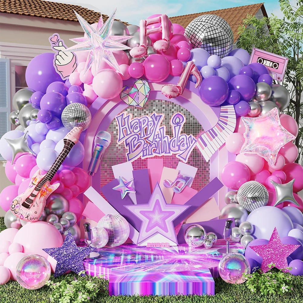 

122Pcs Kpop Balloon Arch Kit Hot Pink Purple Music Notes Foil Balloon Disco Explosion Star Ball Anniversary Birthday Party Decor