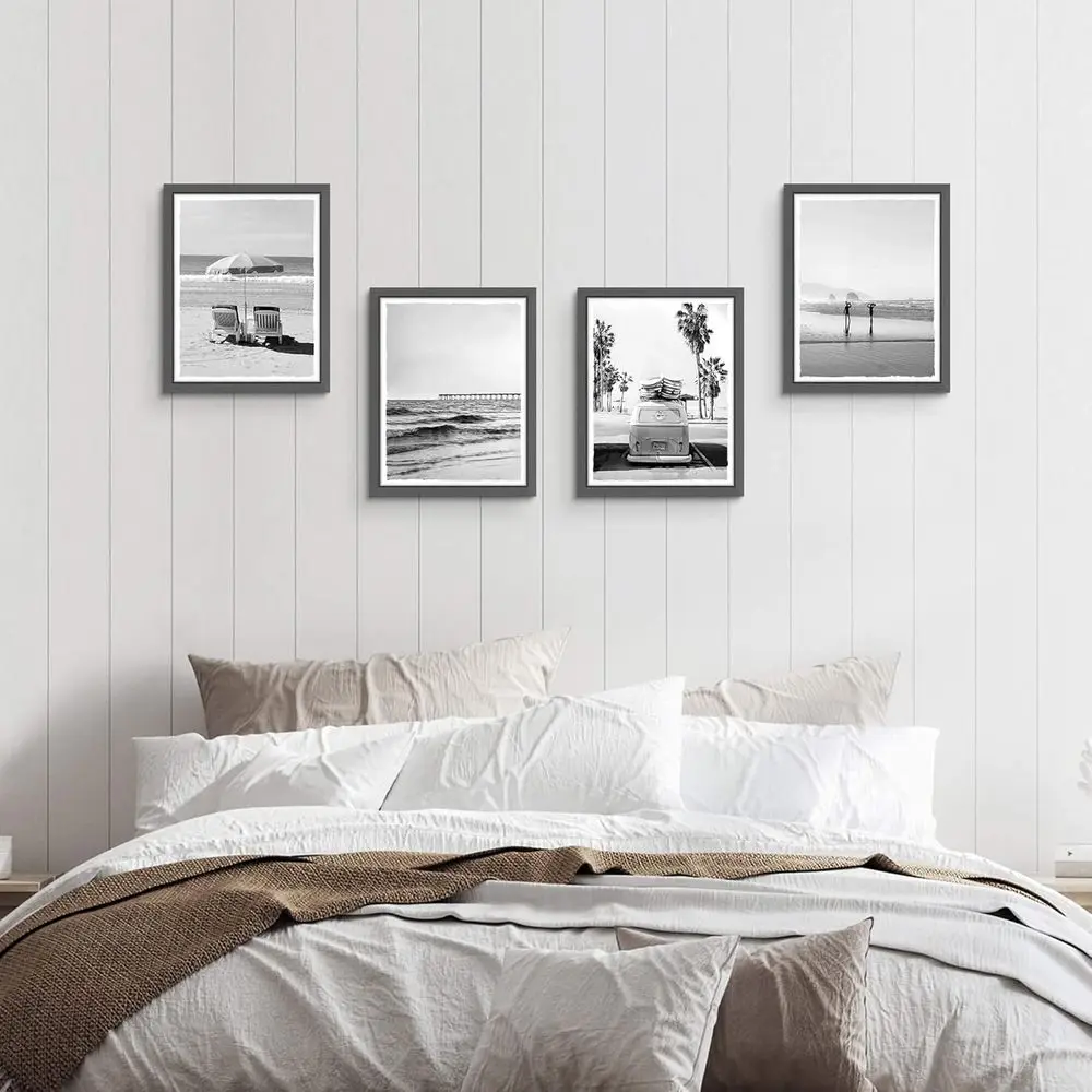 Art élégant des vagues d'océan tropicaux noir et blanc pour chambre à coucher, salon ou salle de bain - Impression verticale de paysage marin 11x14