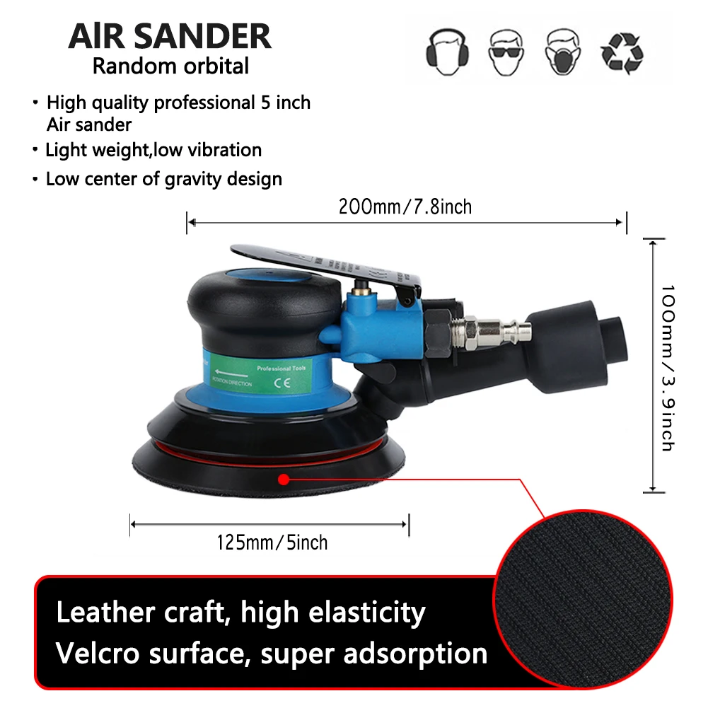 5 Inch Pneumatic Air Sander Polisher Tool Polishing Random Orbital Palm Machine Grinder for Car Paint Care Rust Remov