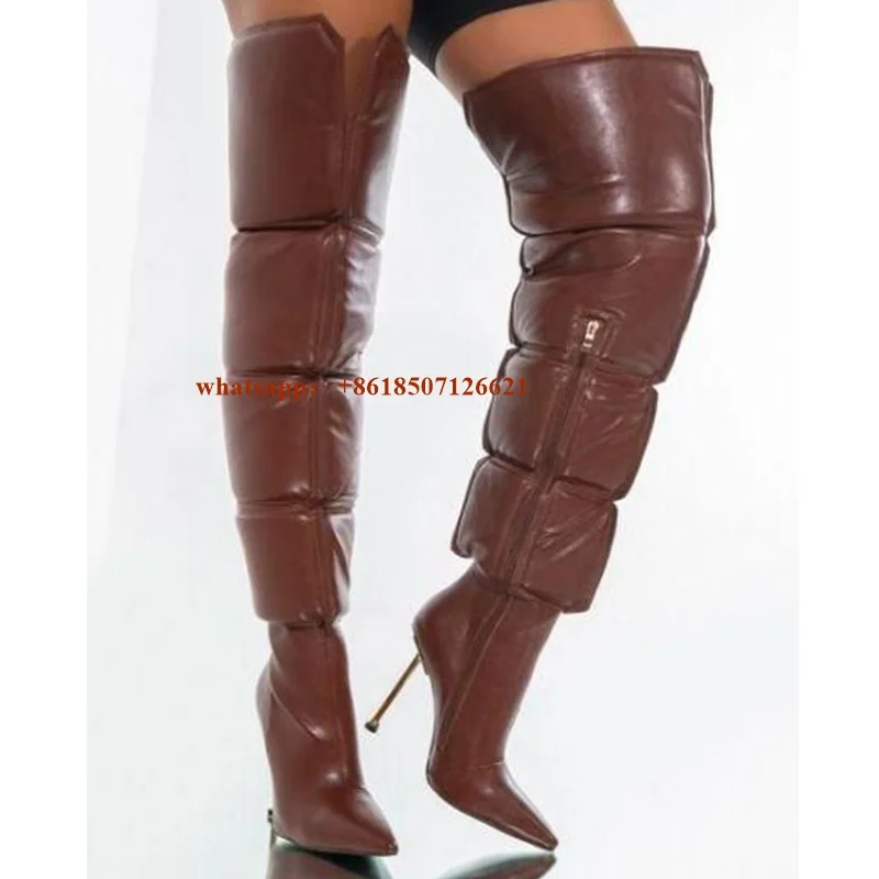 

Brown Pointed Toe Metal Heel Side Zipper Over-The-Knee Boots Sexy Large Size Women's Boots