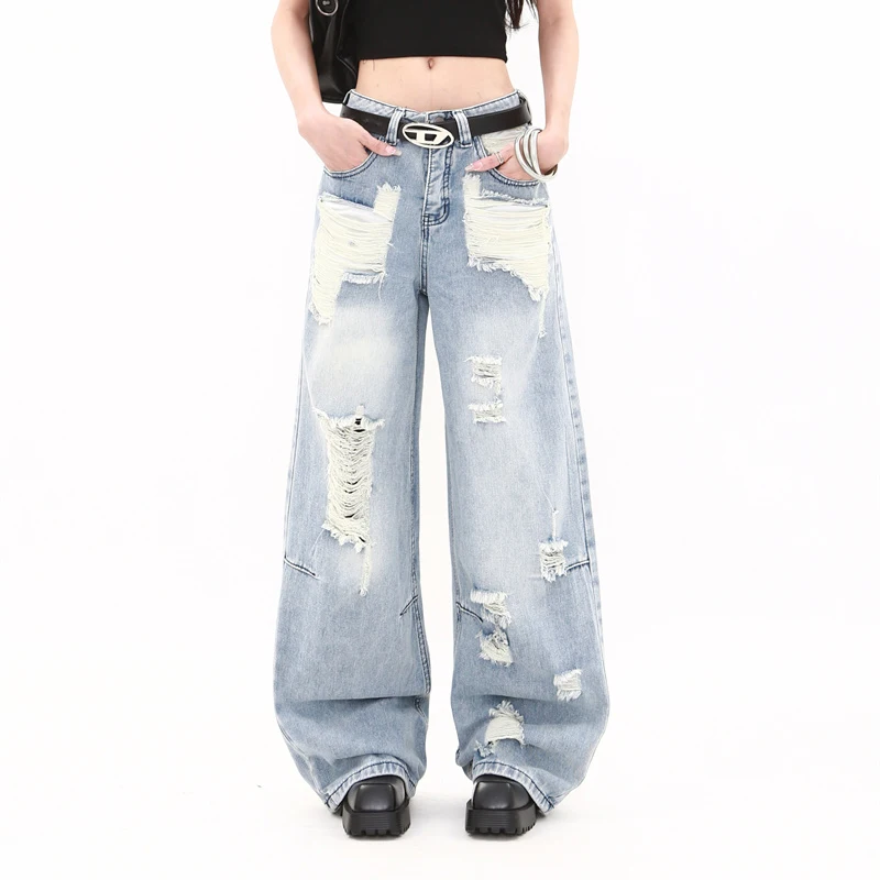 

Women's Blue Ripped Retro Old Jeans Korean Street Fashion Harajuku Style High Waist Loose Straight Floor Denim Pants Clothing